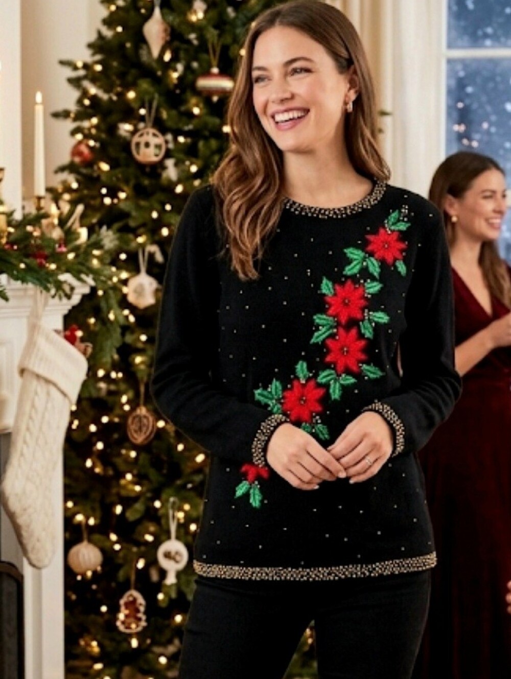 Vintage BP Design Beaded Embroidered Poinsettia Christmas Holiday Sweater Medium